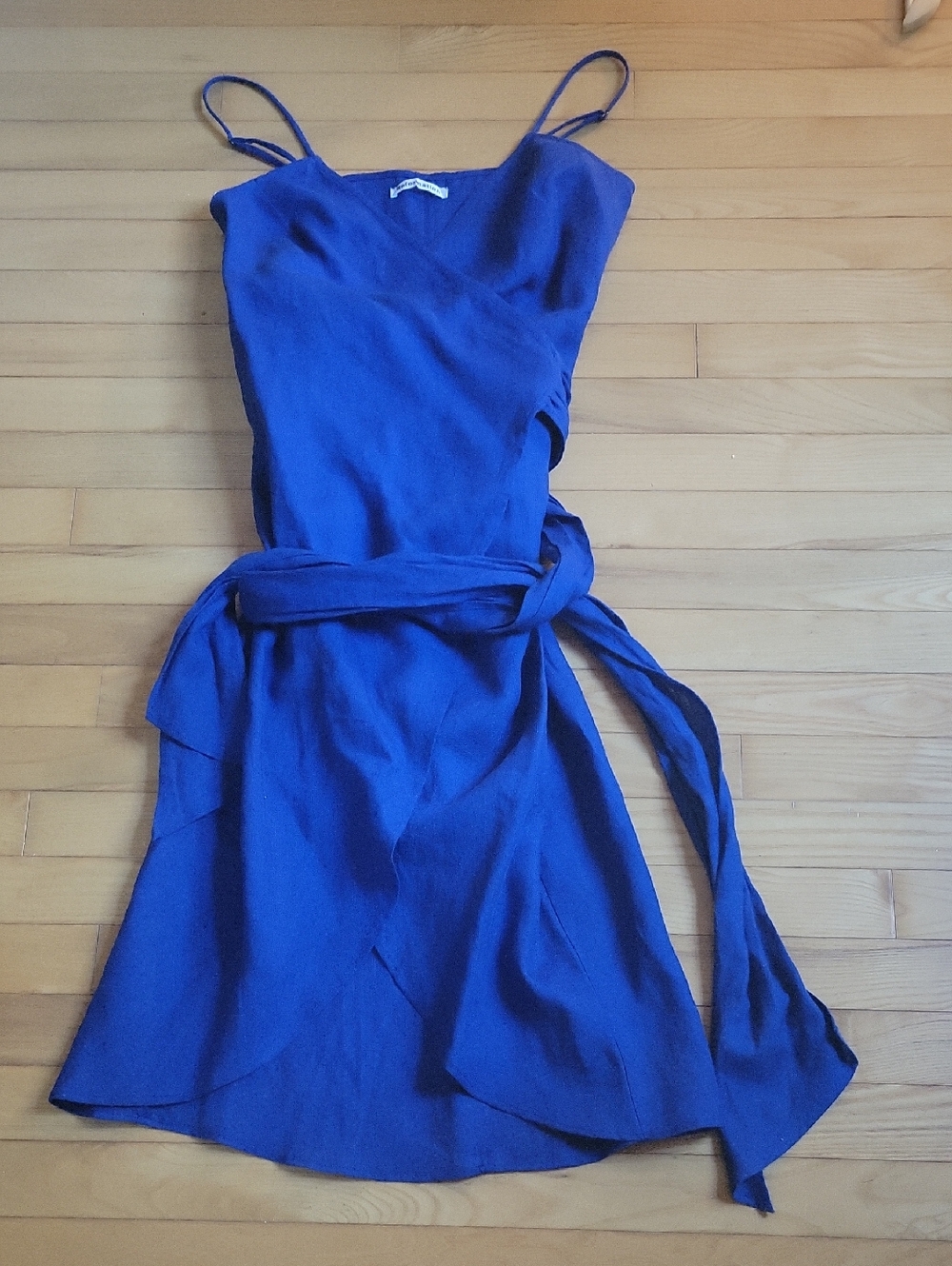 Royal Blue Linen Wrap Midi Dress with Tie Waist